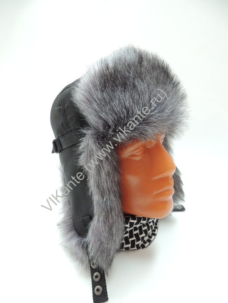 Ушанка мужская, черная плащевка с искусственным мехом голубая чернобурка Vi kante арт. оптом_фото1