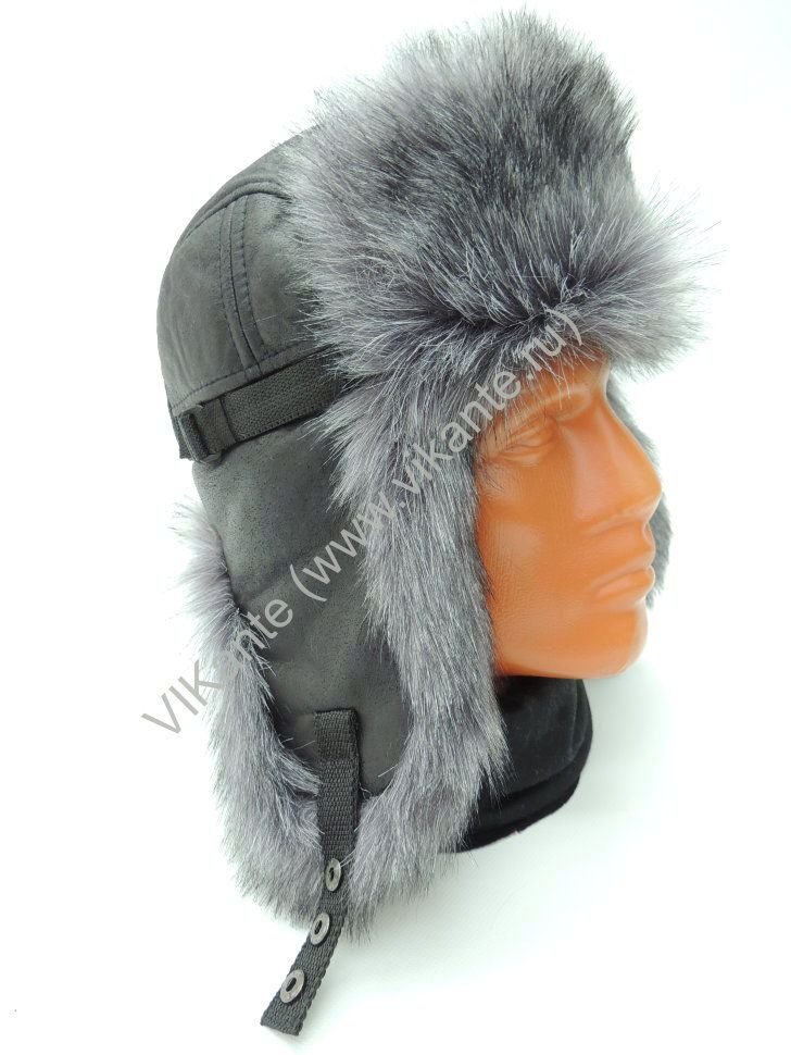 Ушанка мужская, черная искусственная кожа с искусственным мехом чернобурка Vi kante арт. оптом_фото1