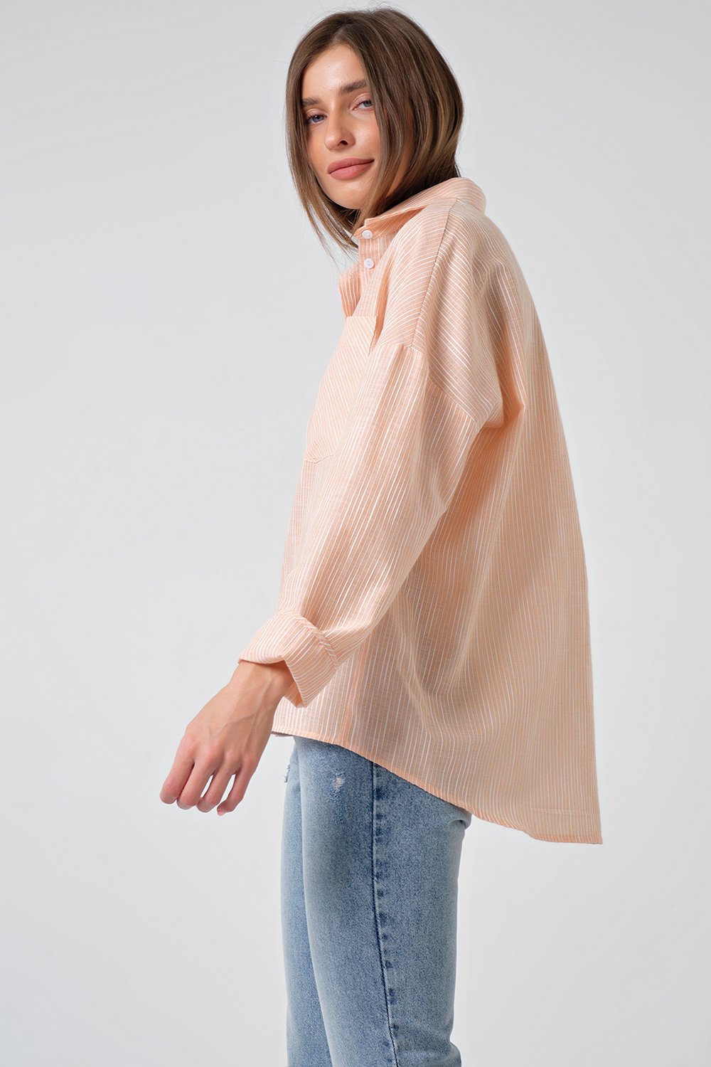 Рубашка 2115.1-13 полоска белый, персиковый Fly арт.2115.1-13 оптом_фото3