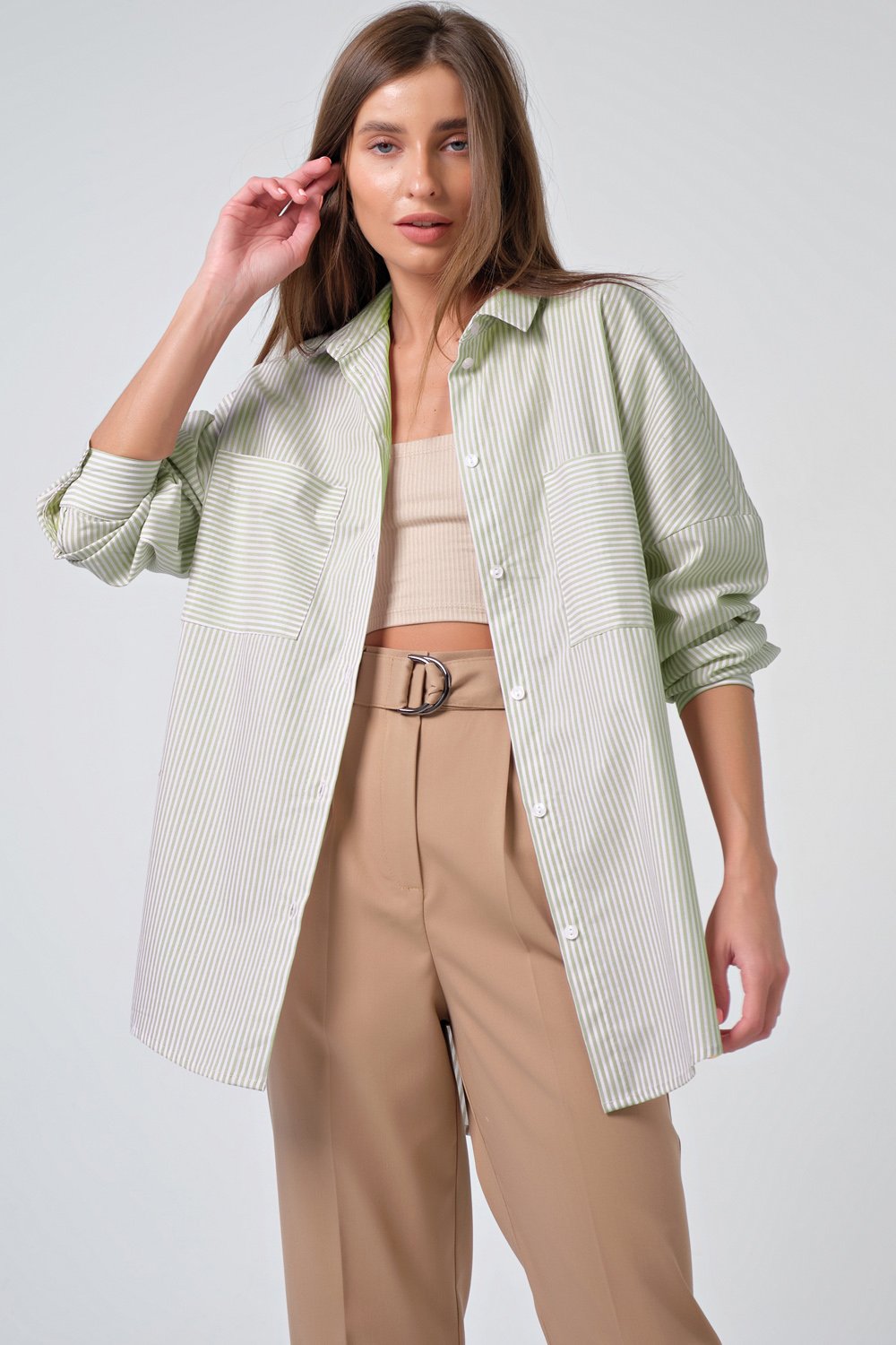 Рубашка 2113-15 полоска белый, оливковый Fly арт.2113-15 оптом_фото4