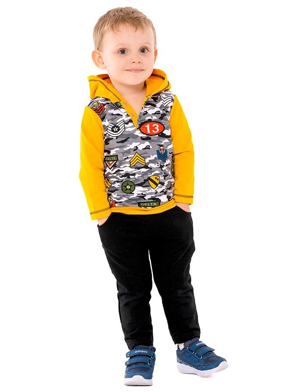 Костюм для мальчика джемпер с капюшоном/брюки, горчица/черный Дашенька арт.1542/145/144 оптом_фото1