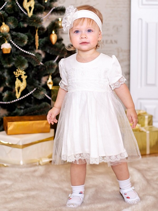 Платье с повязкой (интерлок, кружево, фатин) молочный Дашенька арт.1482/002  оптом_фото1