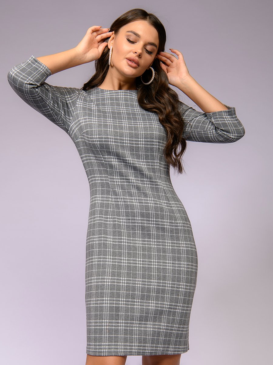 Платье-футляр серое в клетку с рукавами 3/4 1001DRESS арт.0122001-02362GY оптом_фото1