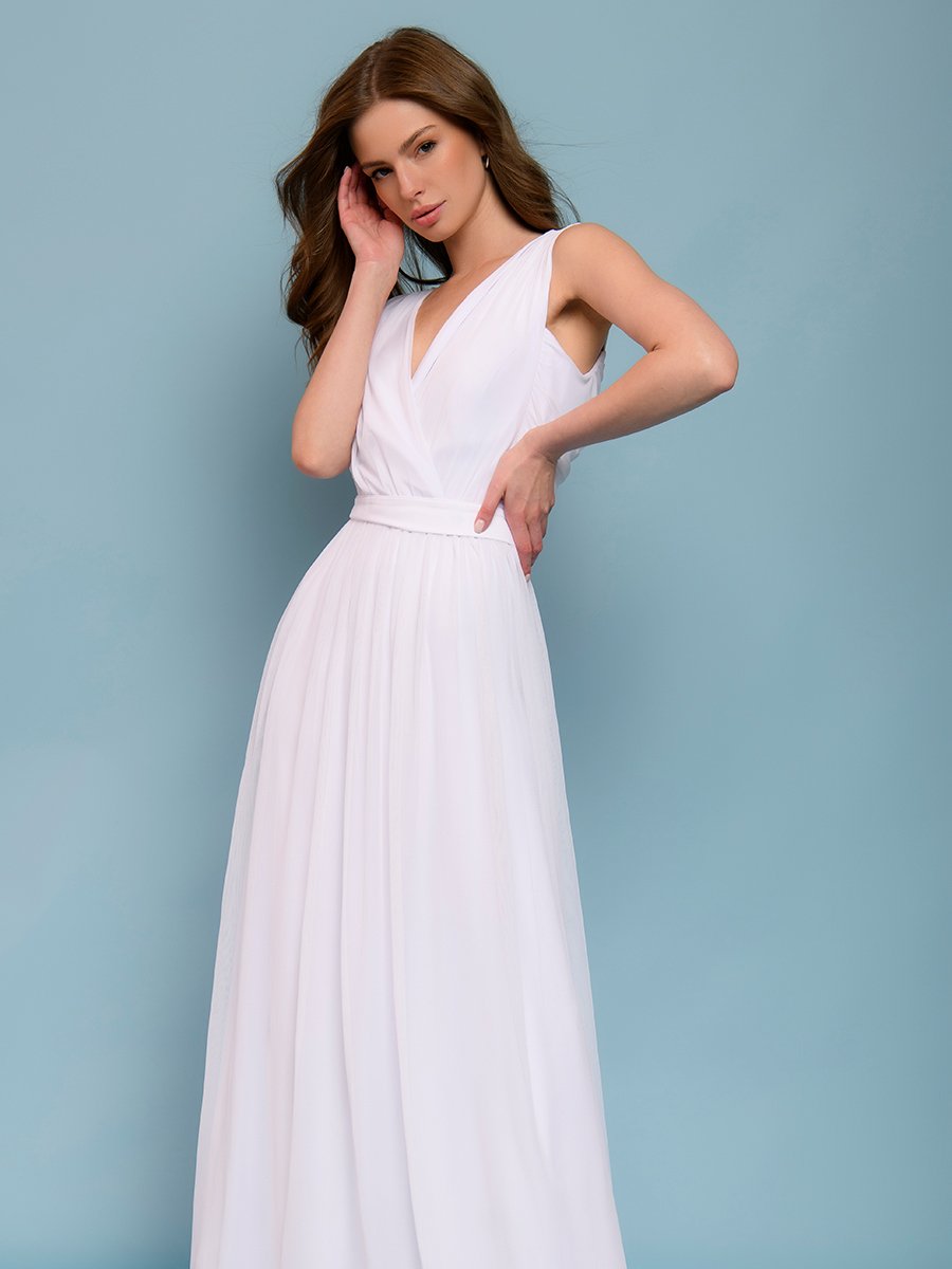 Платье белое с фатиновым верхом длины макси 1001DRESS арт.0132101-02392WH оптом_фото3