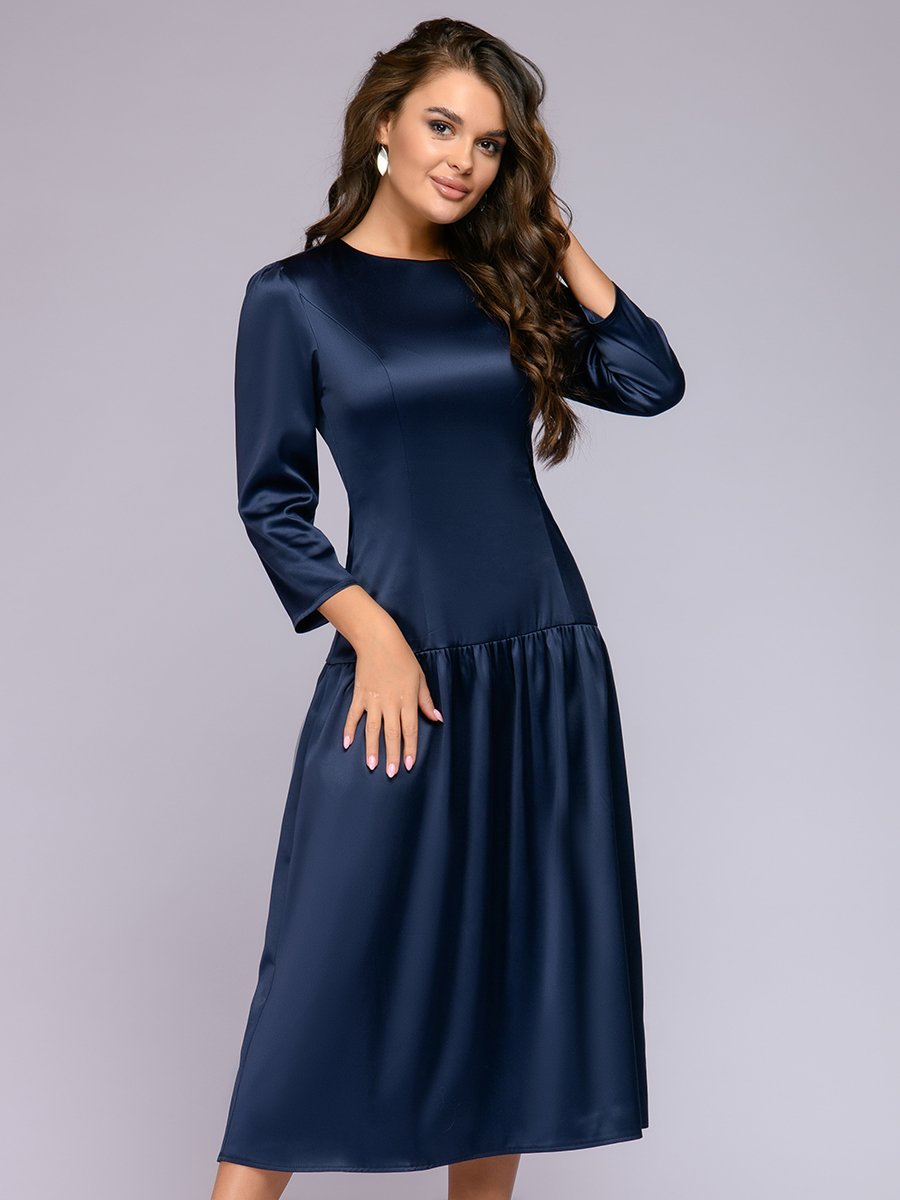 Платье длины миди синее с длинными рукавами 1001DRESS арт.0122001-02307BL оптом_фото1