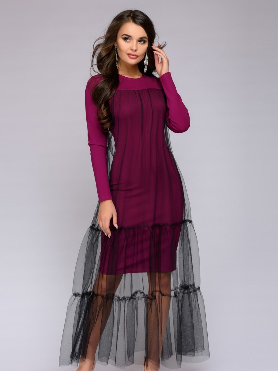 Платье ягодного цвета с сеткой и длинными рукавами 1001DRESS арт.DM01172BE оптом_фото1