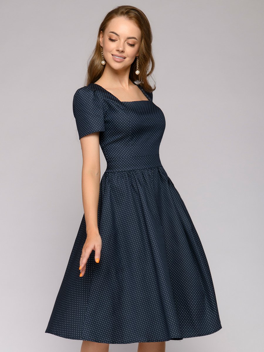 Платье темно-синее длины миди с короткими рукавами 1001DRESS арт.0122001-02222DB оптом_фото1