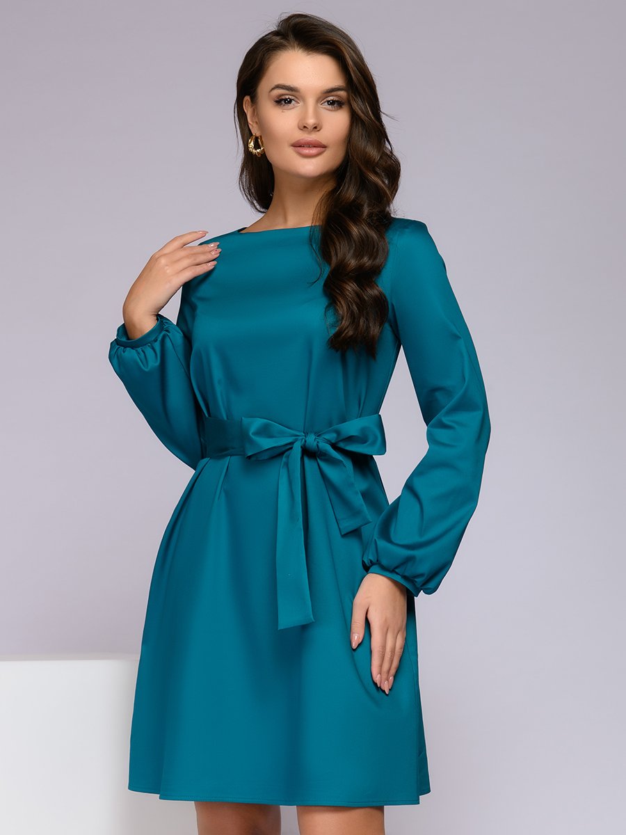 Платье бирюзовое с объемными рукавами и поясом 1001DRESS арт.0122001-01958TR оптом_фото2