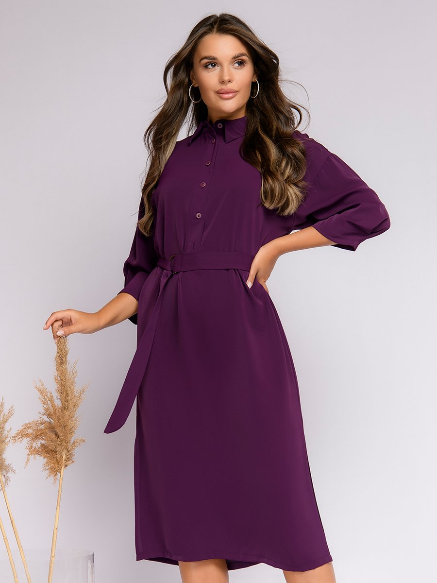 Платье-рубашка фиолетового цвета длины миди с отложным воротником и поясом 1001DRESS арт.0122001-01673PM оптом_фото1