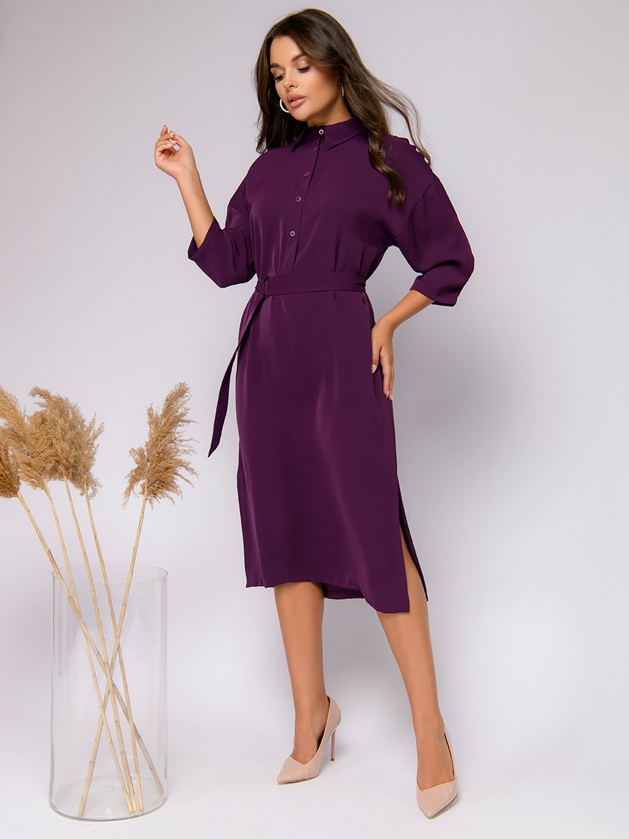 Платье-рубашка фиолетового цвета длины миди с отложным воротником и поясом 1001DRESS арт.0122001-01673PM оптом_фото2