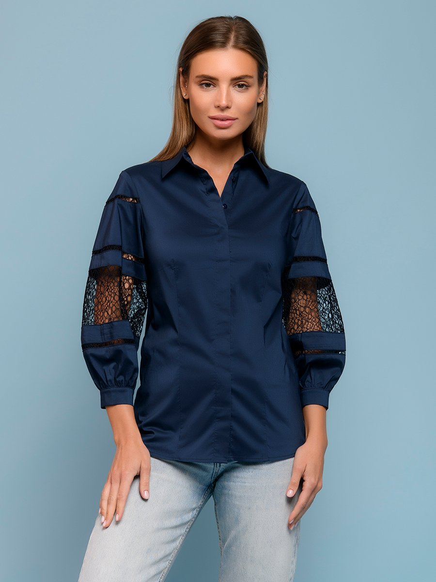 Блуза темно-синяя с объемными рукавами и кружевной вставкой 1001DRESS арт.0132107-02487DB оптом_фото1