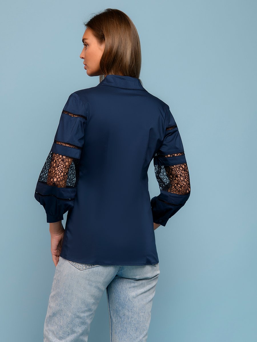 Блуза темно-синяя с объемными рукавами и кружевной вставкой 1001DRESS арт.0132107-02487DB оптом_фото3