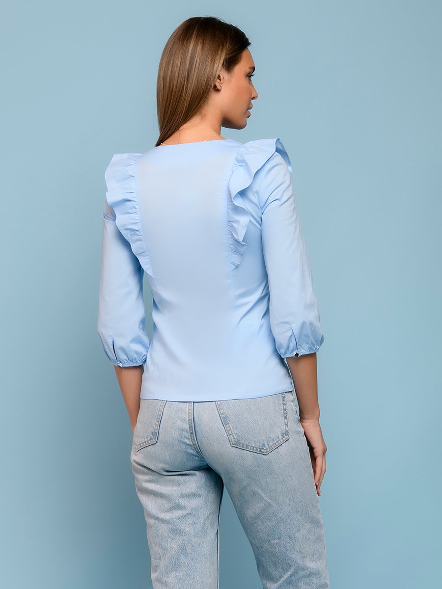 Блуза голубая с рукавами 3/4 и воланами на плечах 1001DRESS арт.0132107-02470LB оптом_фото3