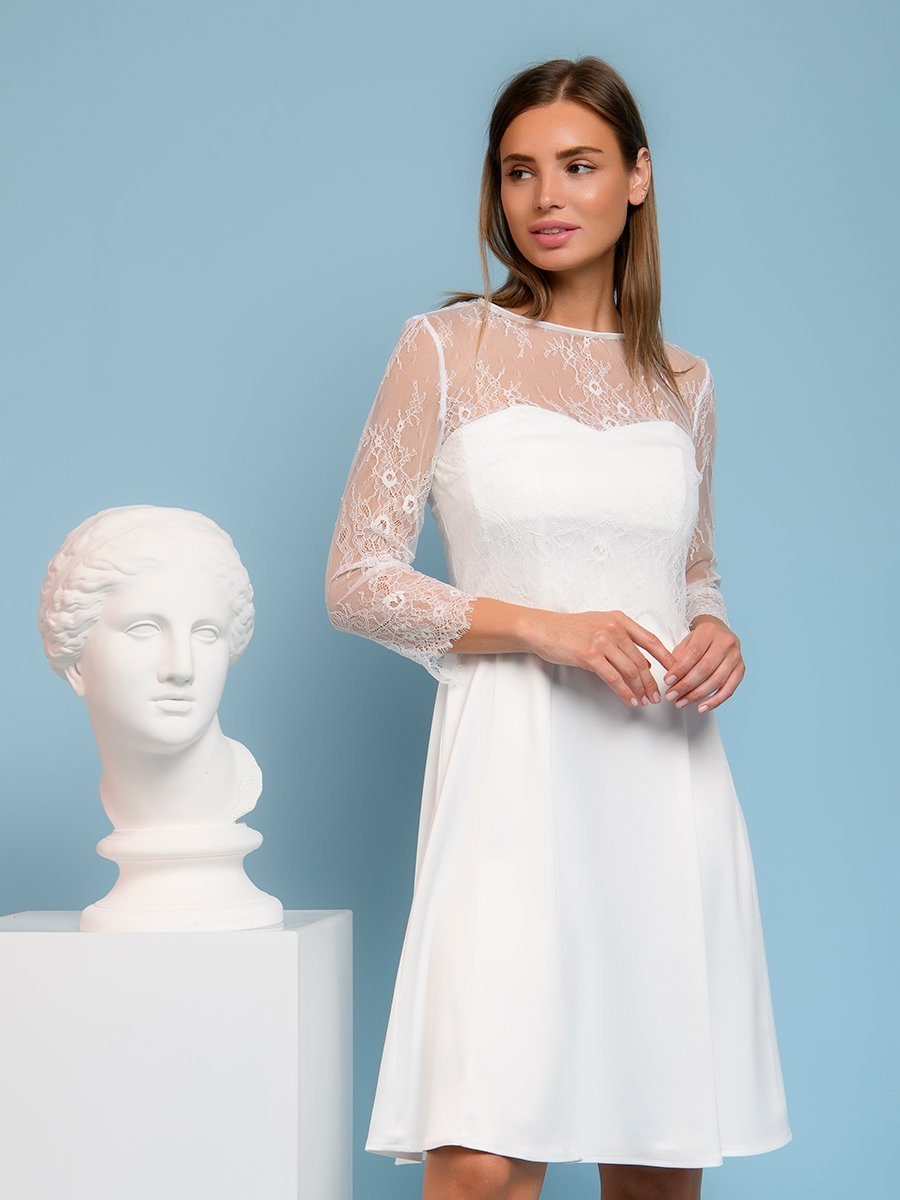 Платье белое длины миди с кружевной отделкой и рукавами 3/4 1001DRESS арт.0132101-01736WH оптом_фото1