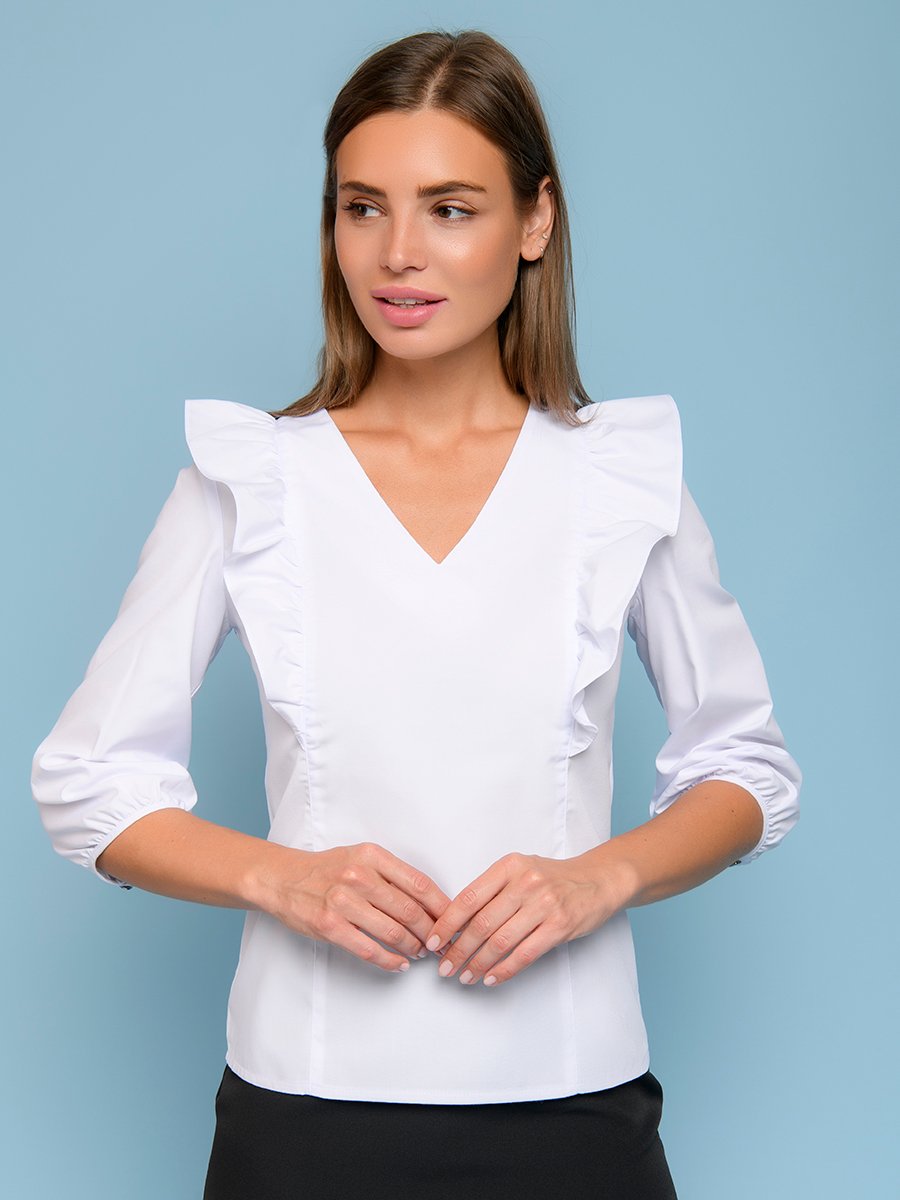 Блуза белая с рукавами 3/4 и воланами на плечах 1001DRESS арт.0132107-02470WH оптом_фото1
