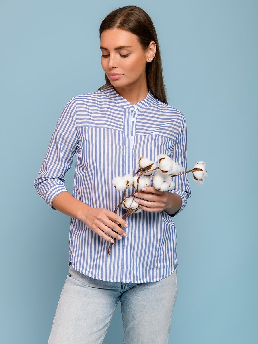 Блуза в бело-голубую полосу с рукавами 3/4 и воротником-стойка 1001DRESS арт.0132107-02493LB оптом_фото1