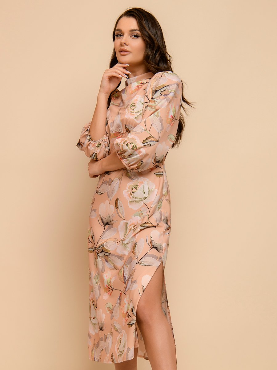 Платье бежевое длины миди с цветочным принтом и объемными рукавами 1001DRESS арт.0132101-02330BG оптом_фото2