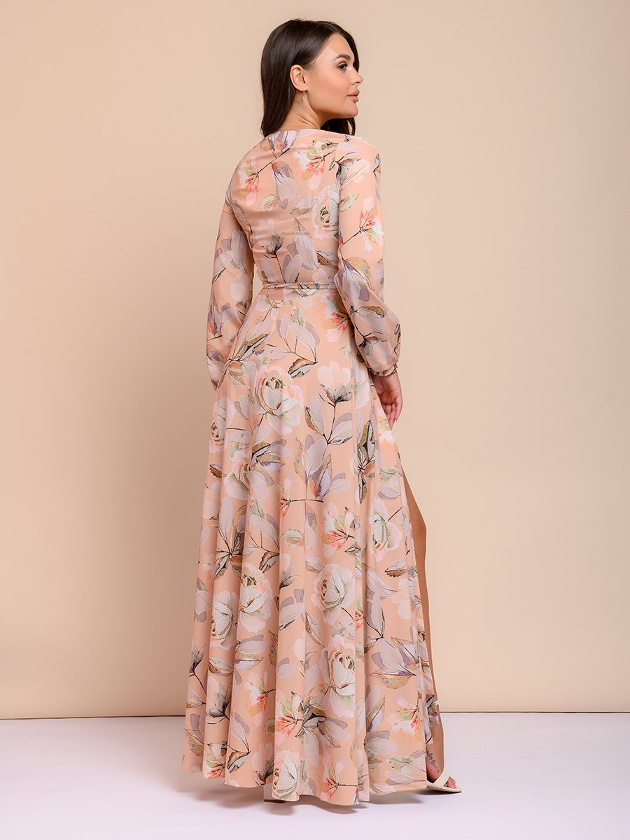 Платье бежевое с цветочным принтом длины макси с запахом 1001DRESS арт.0142101-01096BF оптом_фото2