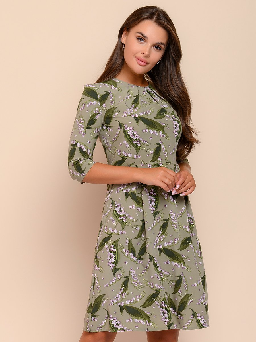 Платье зеленое с цветочным принтом и оригинальными защипами на горловине 1001DRESS арт.0142101-01505GN оптом_фото1