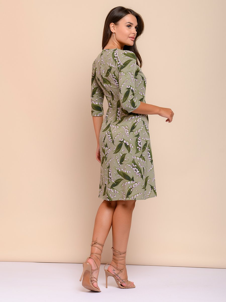 Платье зеленое с цветочным принтом и оригинальными защипами на горловине 1001DRESS арт.0142101-01505GN оптом_фото3