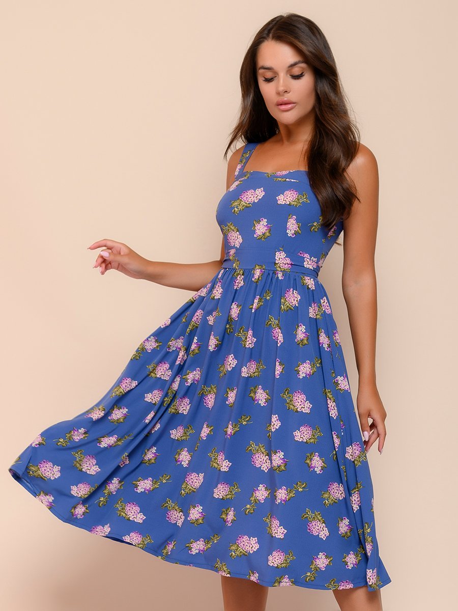 Платье синее с цветочным принтом длины миди на бретелях 1001DRESS арт.0132101-01997BL оптом_фото1