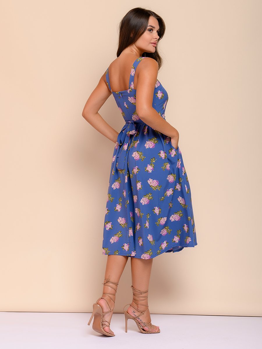 Платье синее с цветочным принтом длины миди на бретелях 1001DRESS арт.0132101-01997BL оптом_фото3