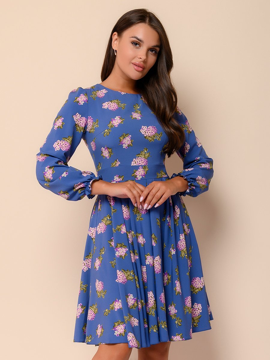 Платье синее с цветочным принтом и длинными рукавами 1001DRESS арт.0122001-01001LC оптом_фото1