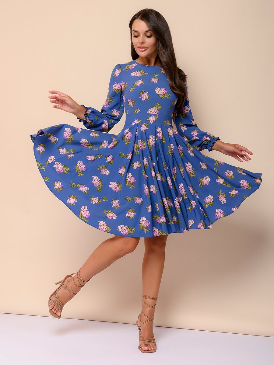 Платье синее с цветочным принтом и длинными рукавами 1001DRESS арт.0122001-01001LC оптом_фото2