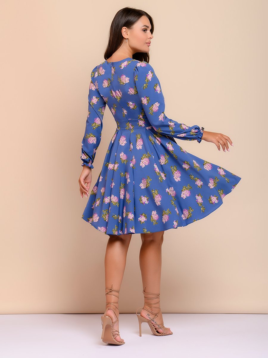 Платье синее с цветочным принтом и длинными рукавами 1001DRESS арт.0122001-01001LC оптом_фото3