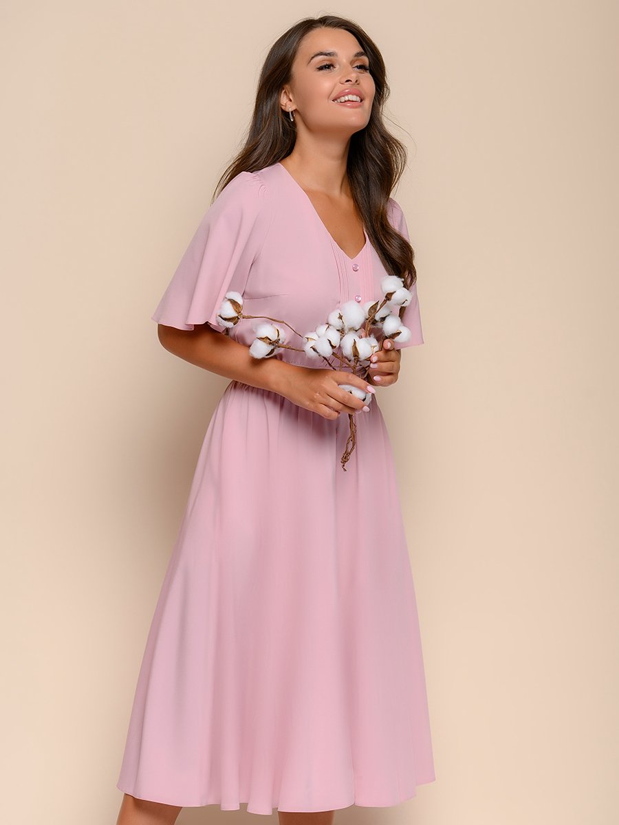 Платье цвета пыльной розы длины миди с V-образным вырезом 1001DRESS арт.0132101-02393SP оптом_фото2
