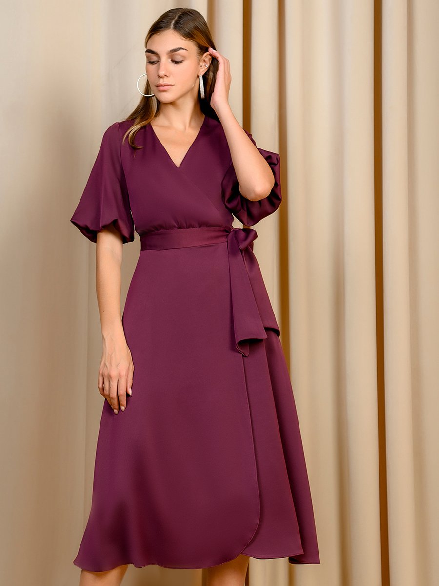 Платье вишневого цвета длины миди с запахом и пышными рукавами 1001DRESS арт.0142101-02512CH оптом_фото2