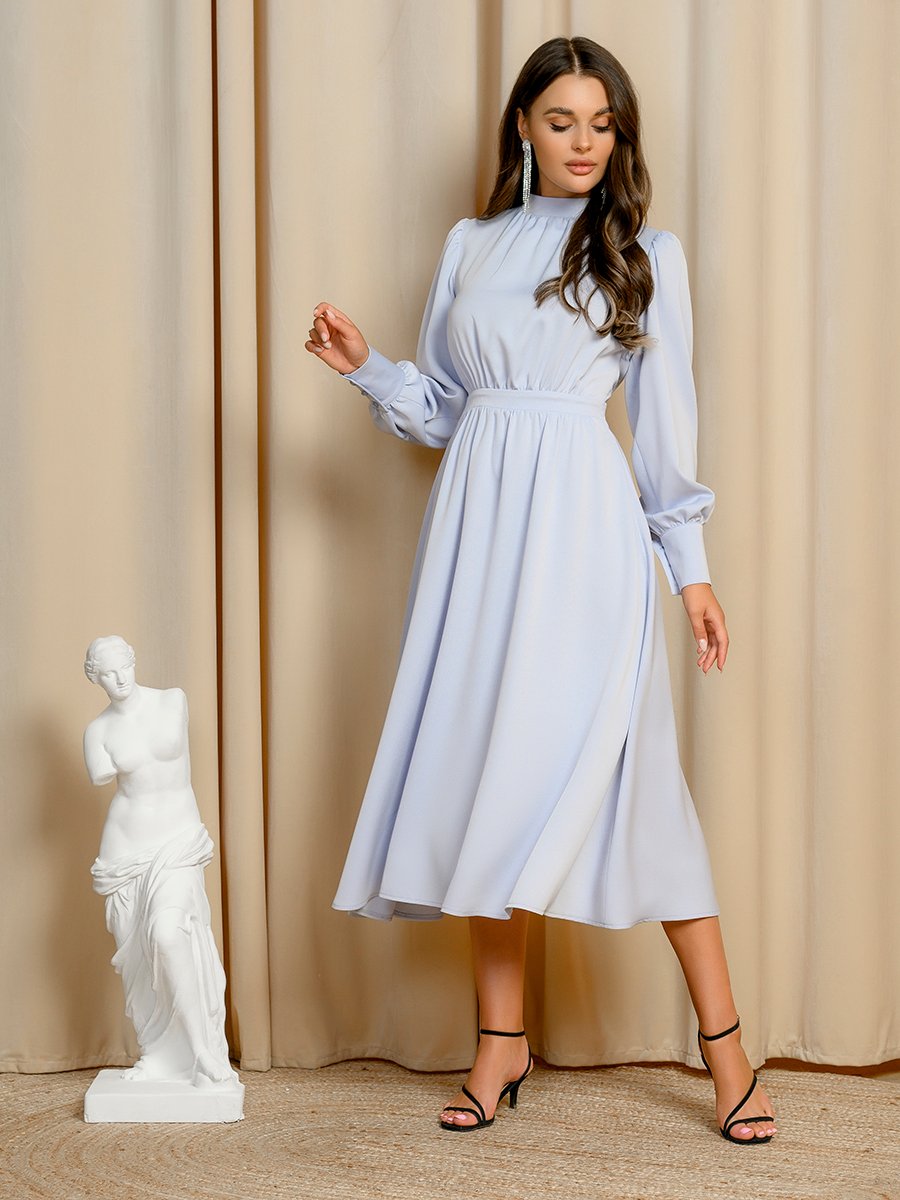 Платье длины миди серо-голубое с драпировкой и длинными рукавами 1001DRESS арт.0132101-02368GB оптом_фото1