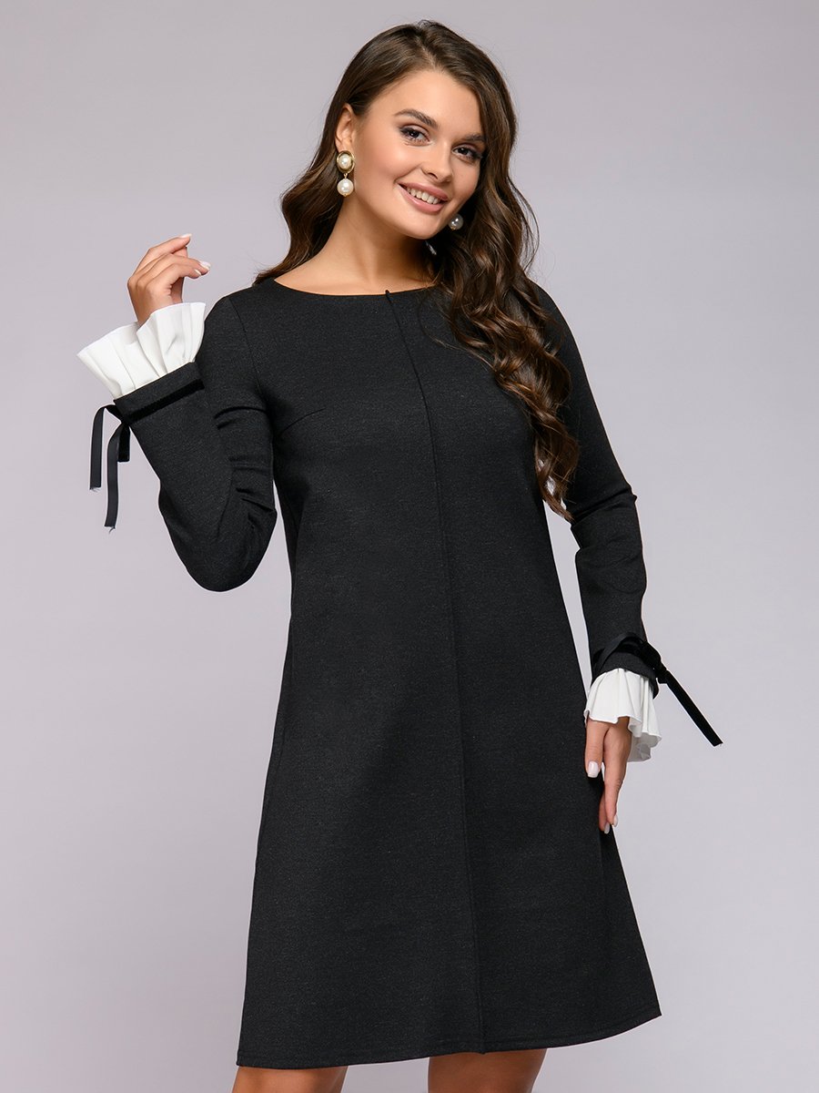 Платье черное длины мини с длинными рукавами 1001DRESS арт.0122001-01092BK оптом_фото1