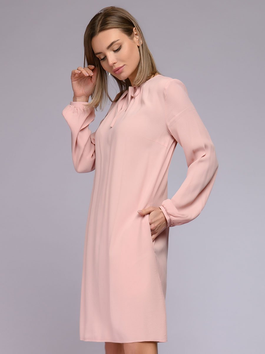 Платье цвета пыльной розы длины мини с бантиком 1001DRESS арт.0122001-02086SP оптом_фото2