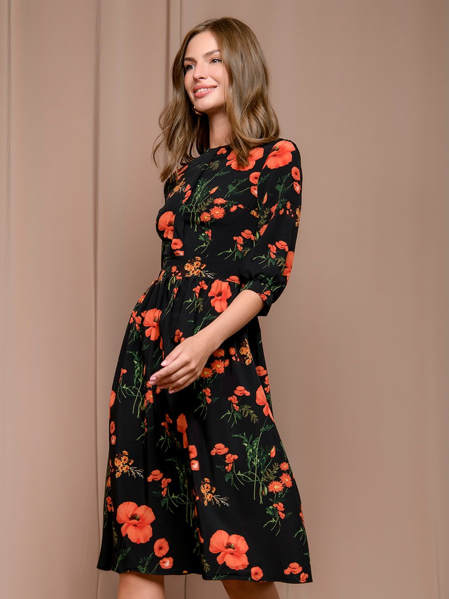 Платье черное длины миди с крупным цветочным принтом и рукавами 3/4 1001DRESS арт.0142101-01533BP оптом_фото1