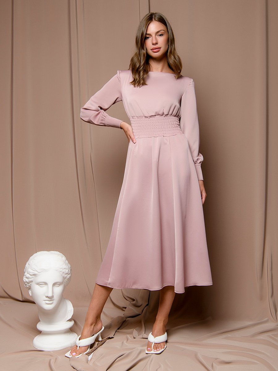 Платье розовое длины миди с широкой резинкой на талии 1001DRESS арт.0142101-02517PK оптом_фото1