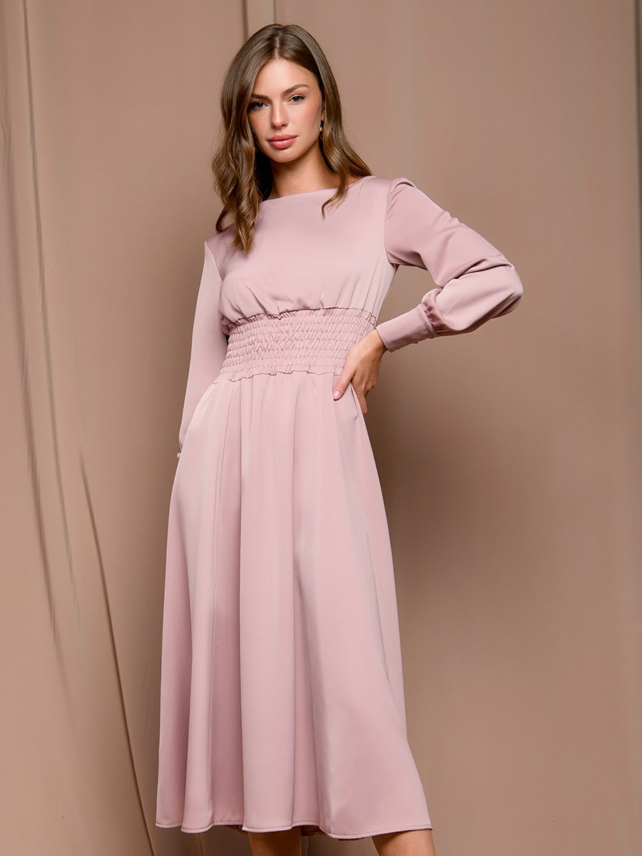 Платье розовое длины миди с широкой резинкой на талии 1001DRESS арт.0142101-02517PK оптом_фото2