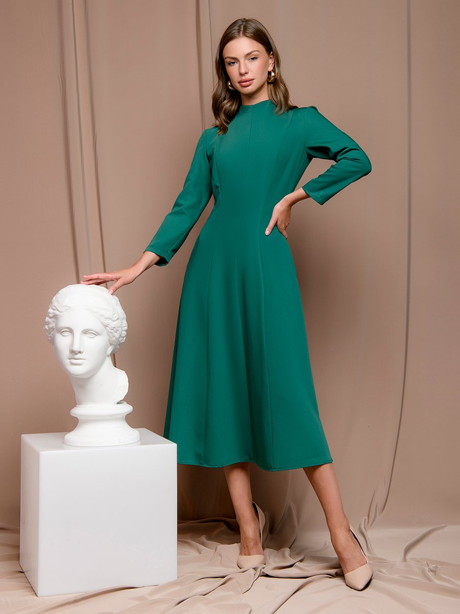 Платье изумрудного цвета длины миди с рукавами 3/4 1001DRESS арт.0132101-02364EM оптом_фото2