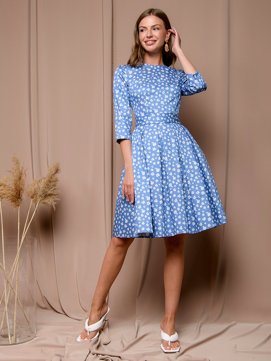 Платье голубое длины мини с мелким цветочным принтом и рукавами 3/4 1001DRESS арт.0122001-01369LB оптом_фото2
