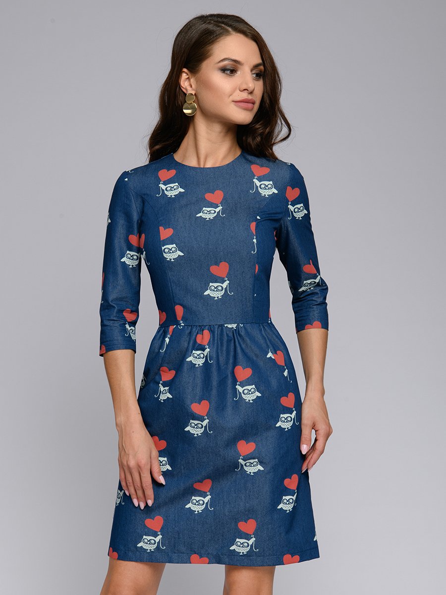 Платье джинсовое длины мини с принтом и рукавами 3/4 1001DRESS арт.DM00602DB оптом_фото1