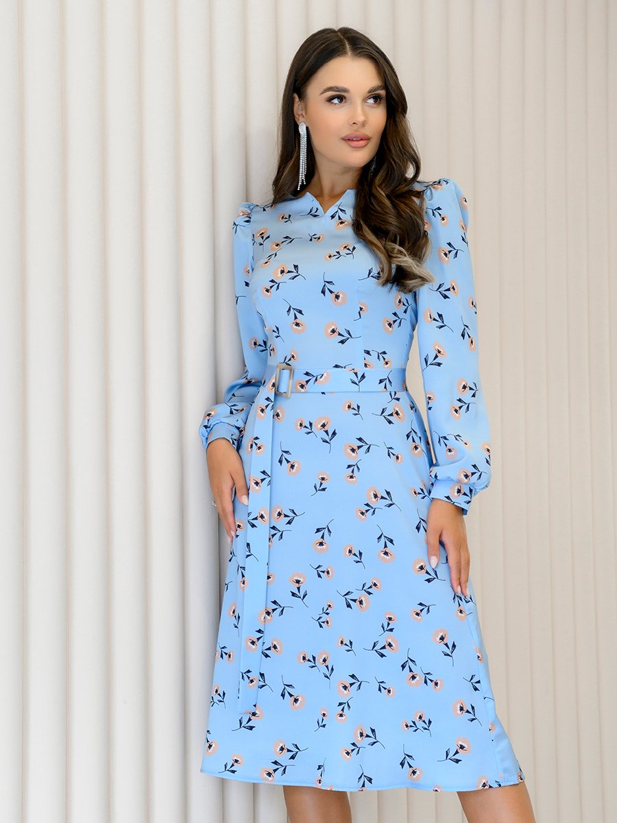 Платье голубое с цветочным принтом длины миди и длинными рукавами 1001DRESS арт.0142101-02570LB оптом_фото1