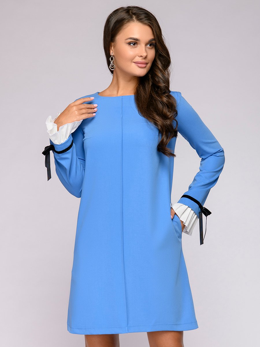 Платье голубое длины мини с белыми манжетами 1001DRESS арт.0122001-02186LB оптом_фото1