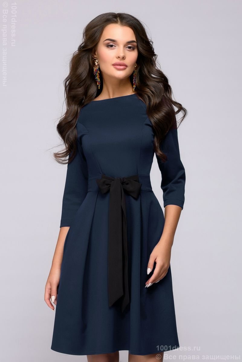 Платье темно-синее длины мини с бантом на талии 1001DRESS арт.DM01127DB оптом_фото1