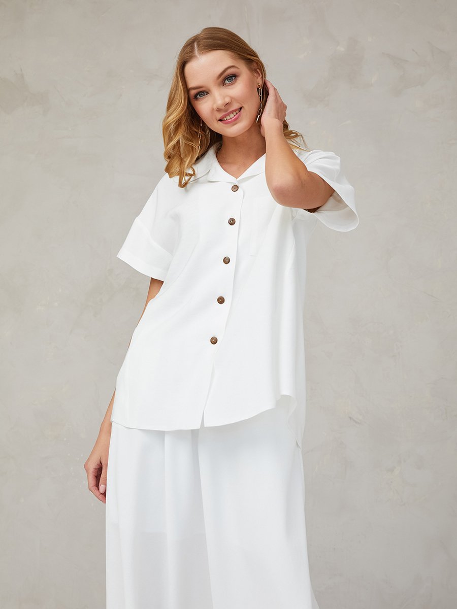 Блуза белая с накладными карманами и короткими рукавами 1001DRESS арт.AB00096WH оптом_фото1