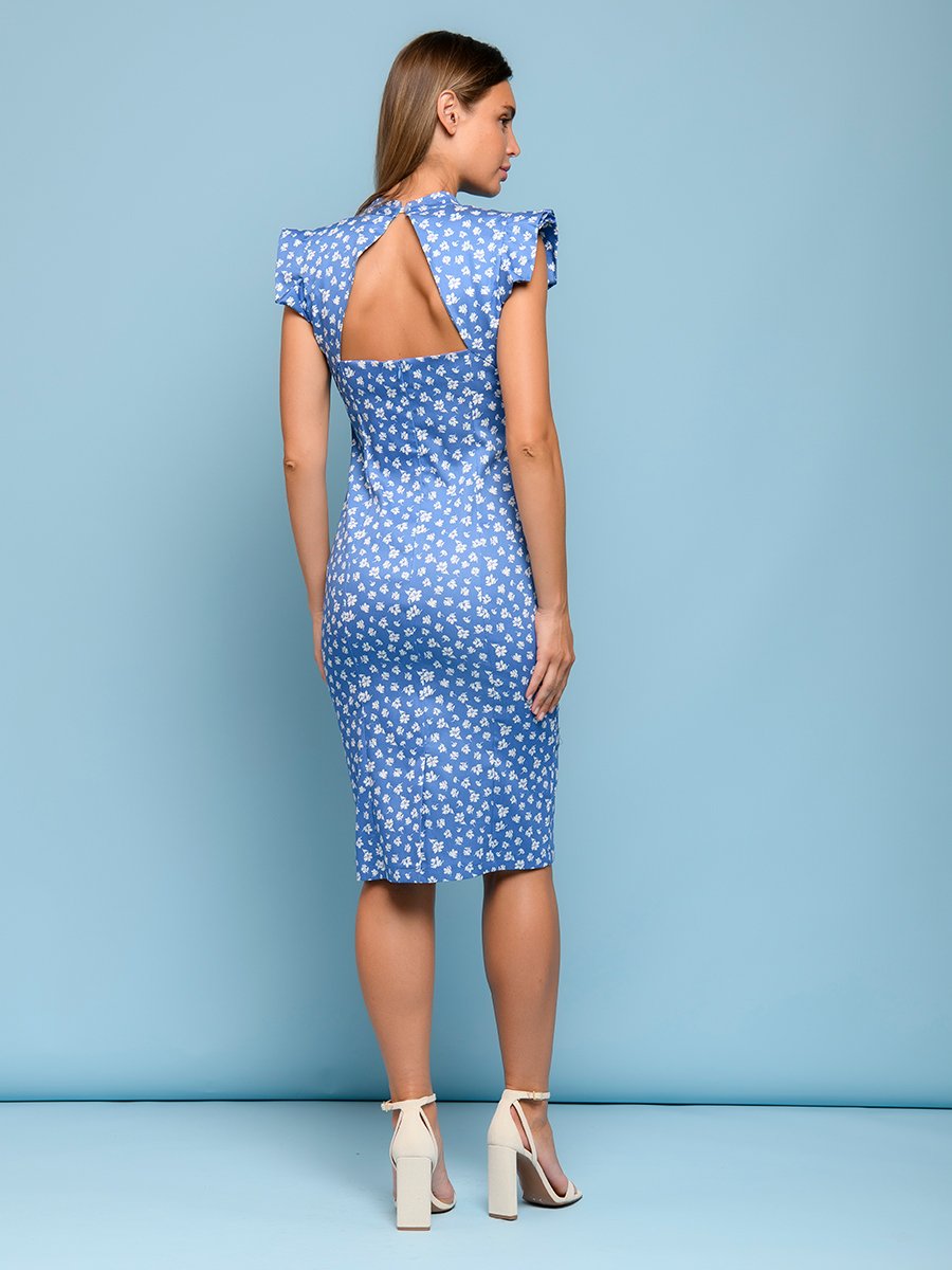 Платье-футляр голубое с цветочным принтом и вырезом на спинке 1001DRESS арт.0142101-01036LB оптом_фото3