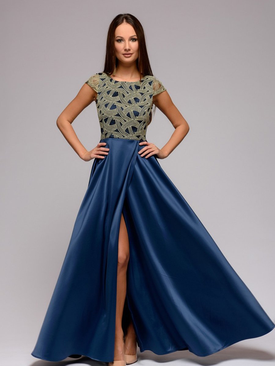 Платье темно-синее длины макси с золотой вышивкой и разрезом на юбке 1001DRESS арт.DM00952DB оптом_фото2