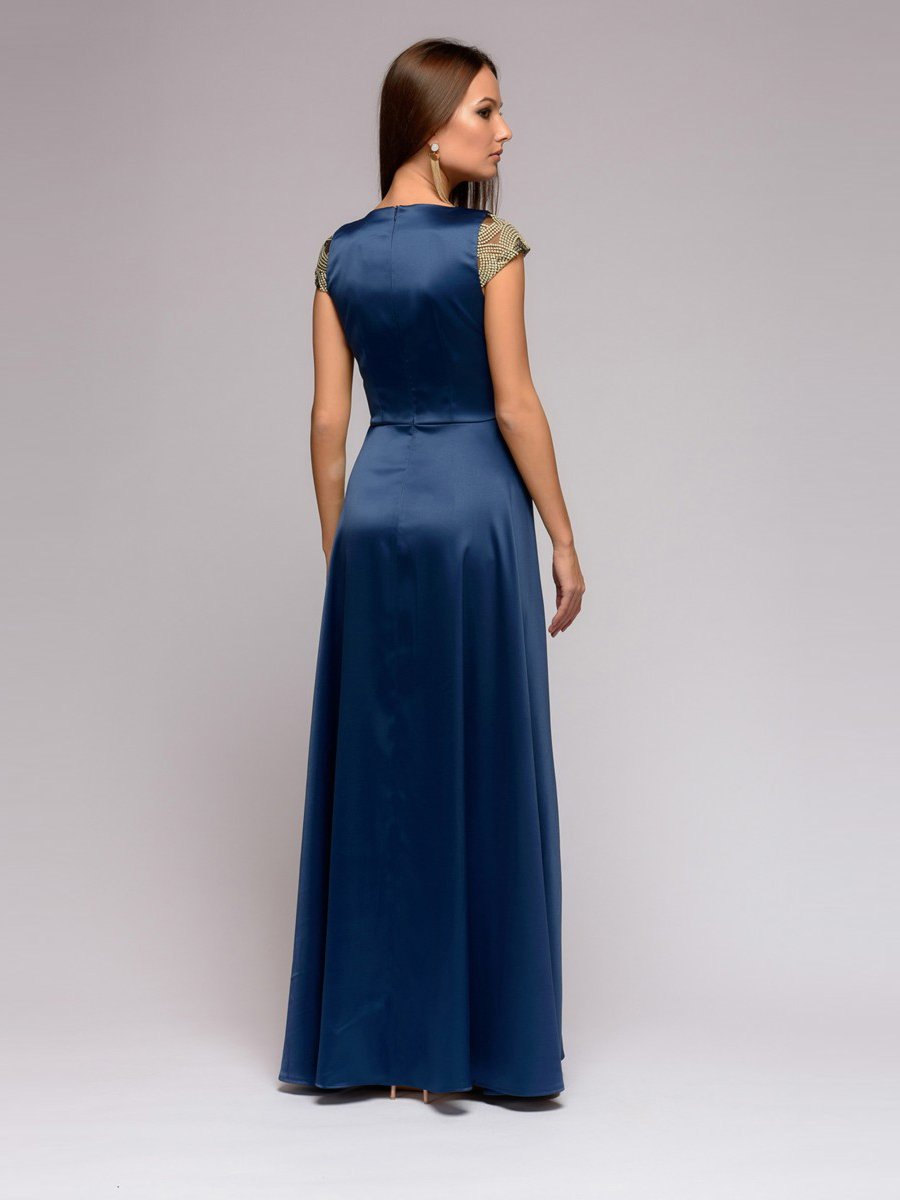 Платье темно-синее длины макси с золотой вышивкой и разрезом на юбке 1001DRESS арт.DM00952DB оптом_фото3