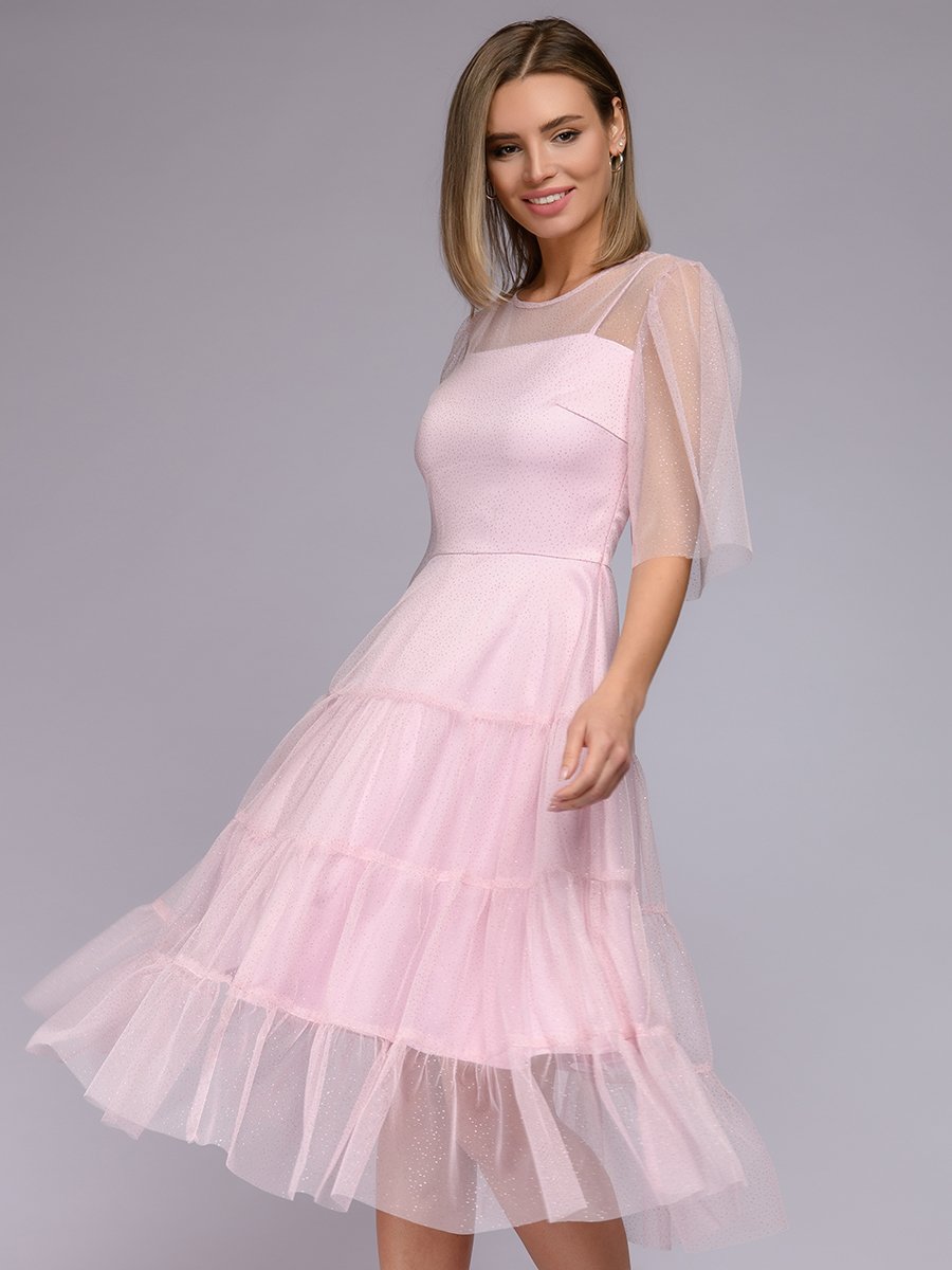 Платье розовое длины миди с объемными рукавами и серебряным напылением 1001DRESS арт.0122001-02326PK оптом_фото1