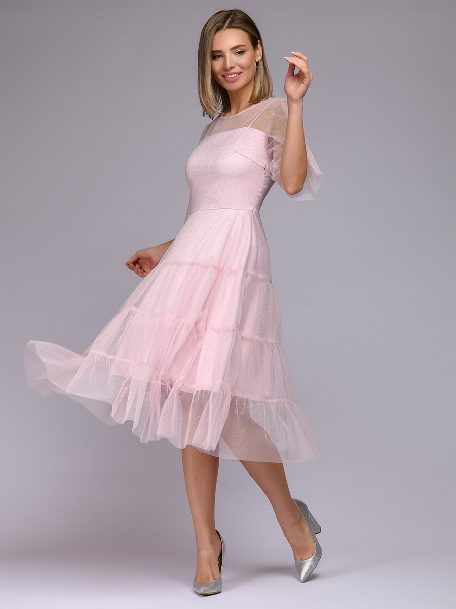 Платье розовое длины миди с объемными рукавами и серебряным напылением 1001DRESS арт.0122001-02326PK оптом_фото2