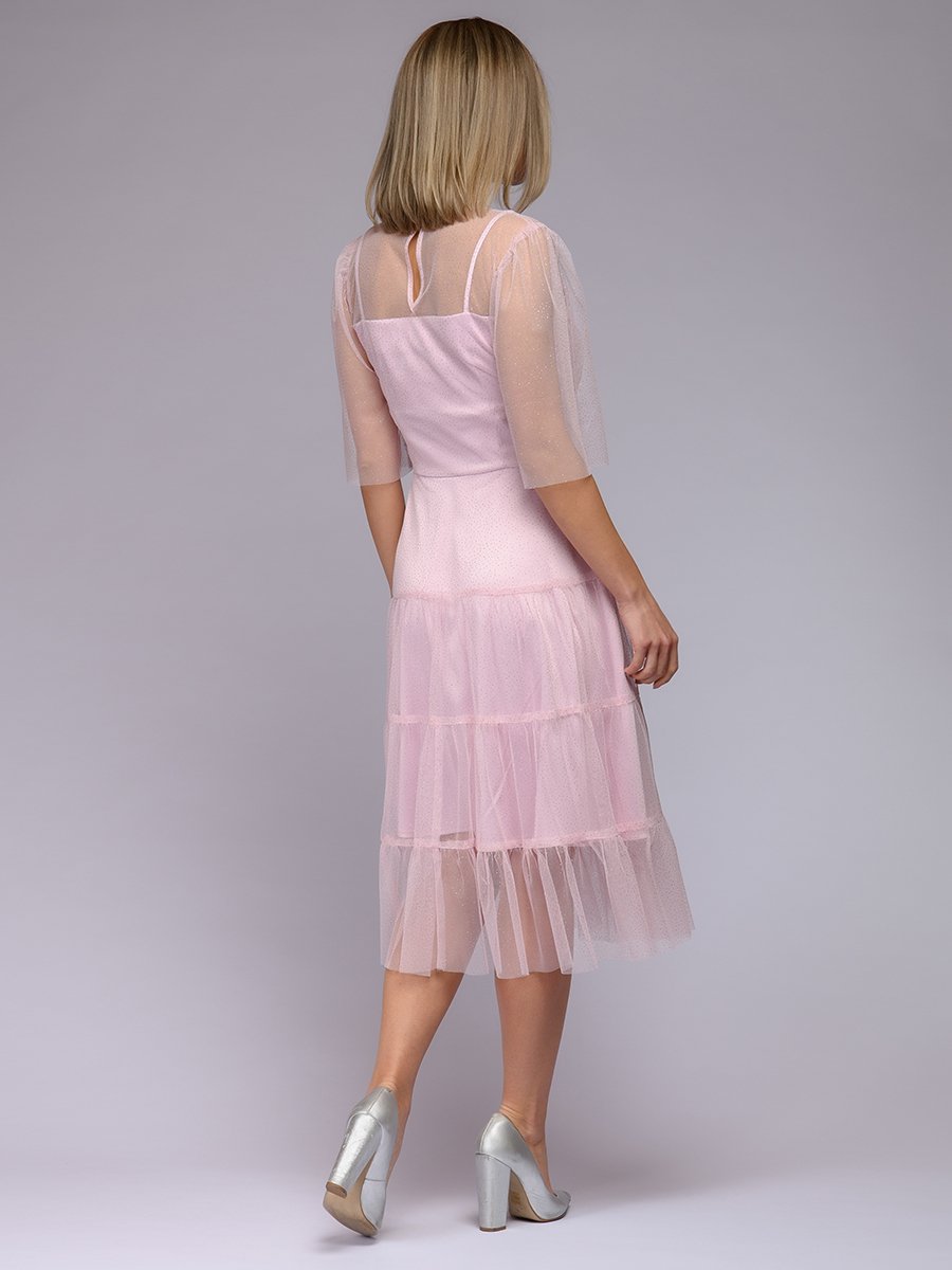 Платье розовое длины миди с объемными рукавами и серебряным напылением 1001DRESS арт.0122001-02326PK оптом_фото3